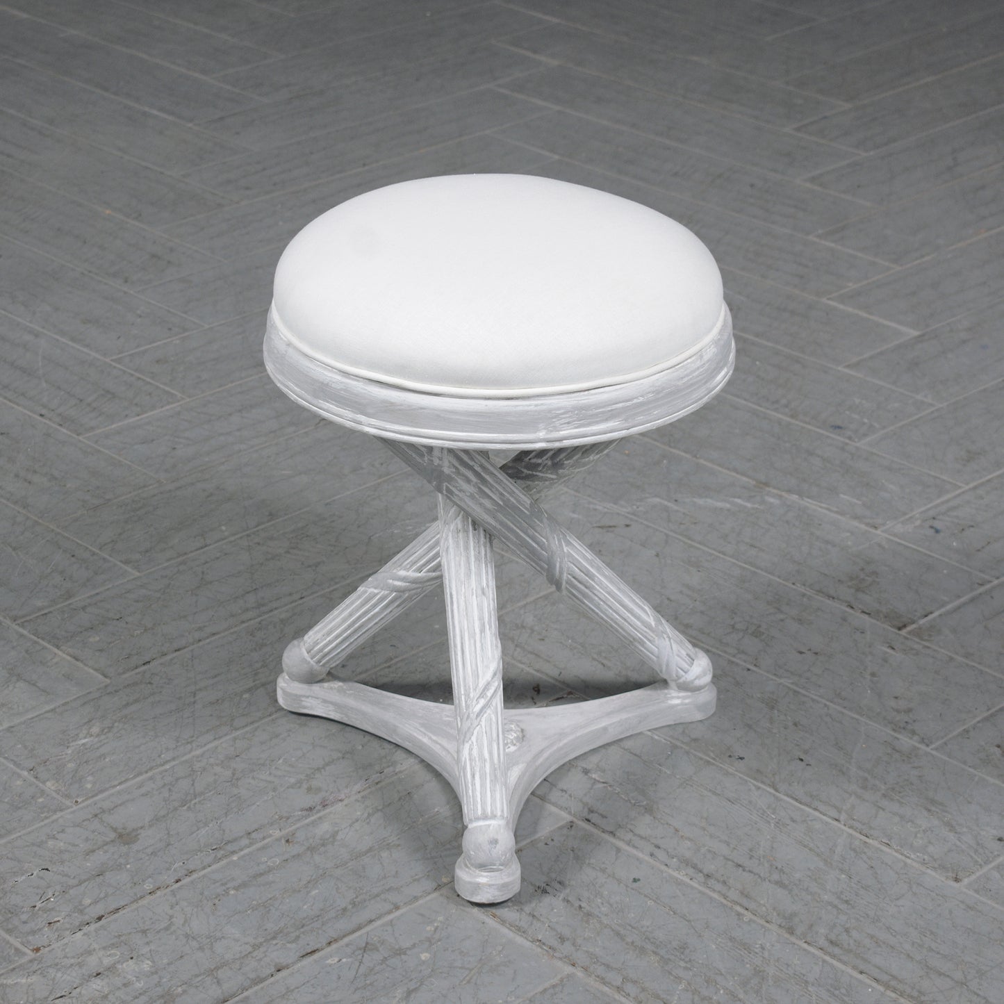 Restored Mid-Century Modern X-Base Stool in White & Gray with Linen Cushion
