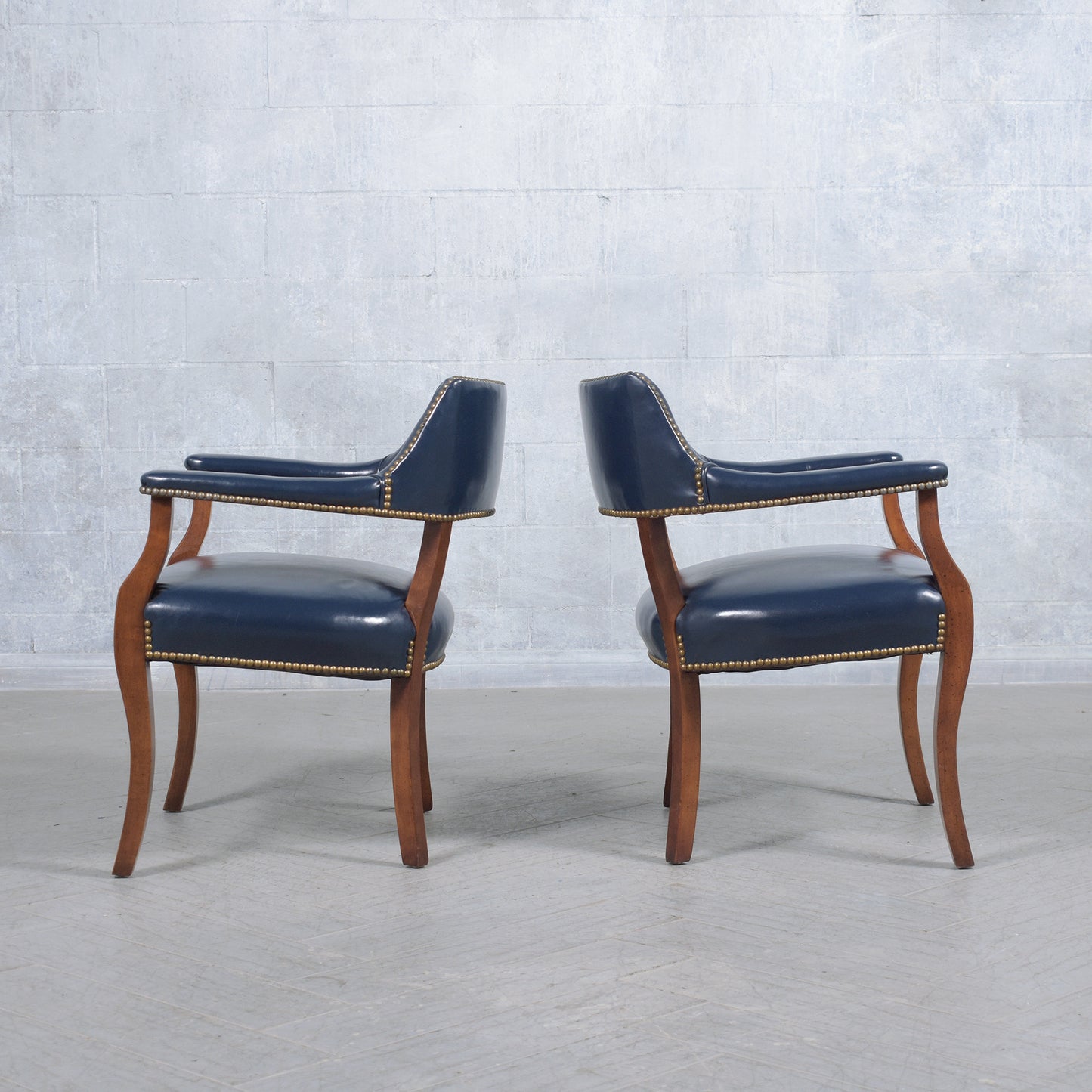 Restored Mahogany Barrel Armchairs with Navy Blue Leather - Vintage Elegance