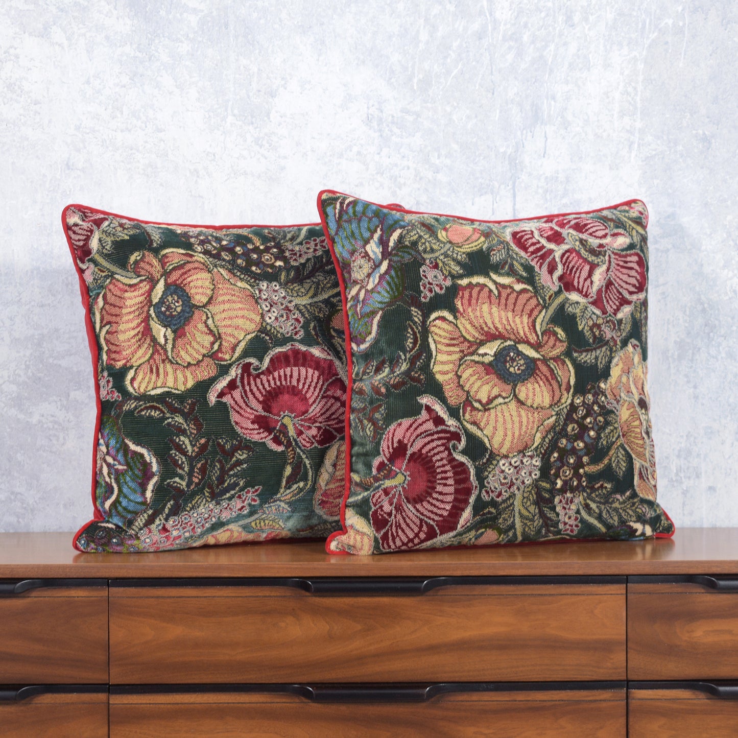 Antique Pillows with Red Velvet Floral Elegance