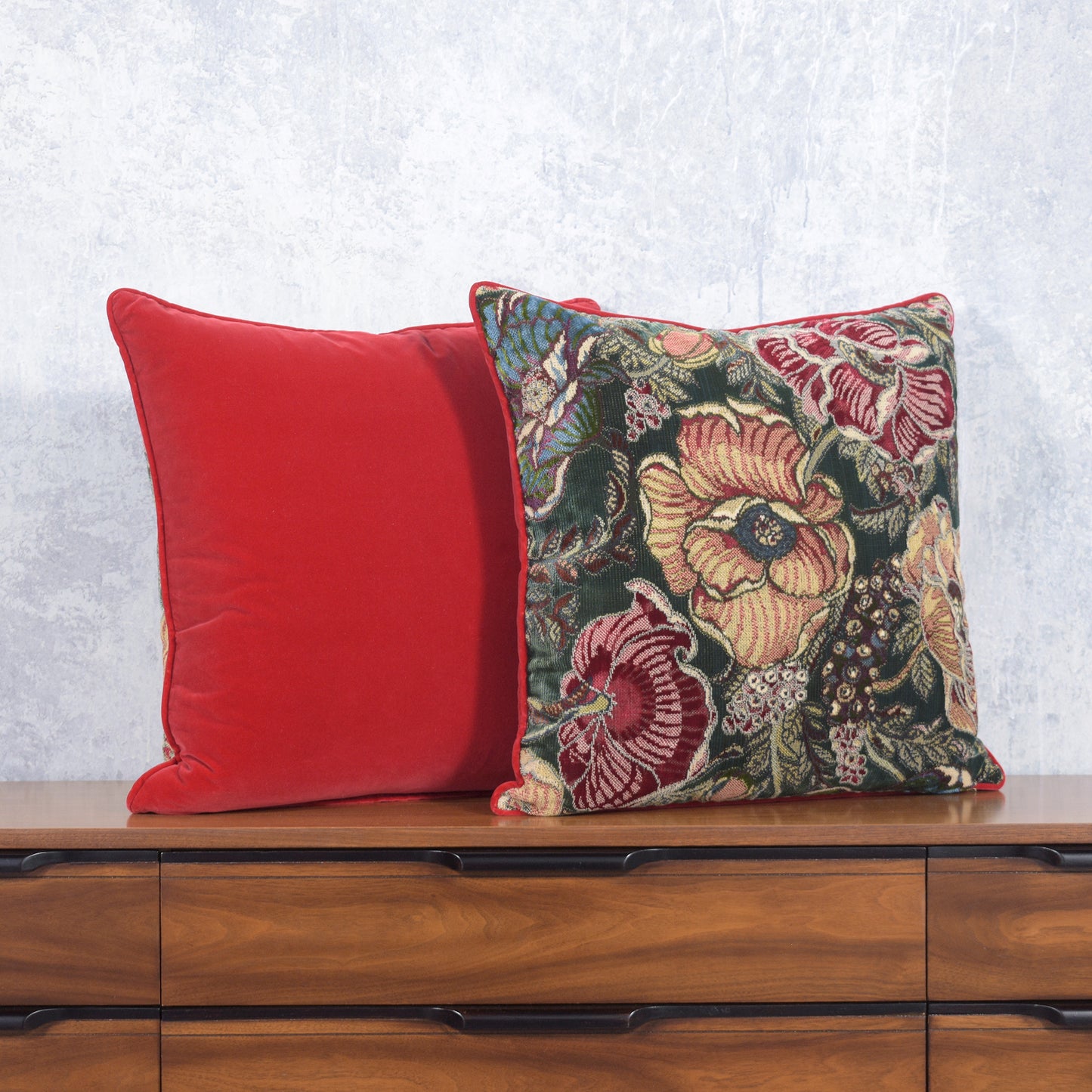 Antique Pillows with Red Velvet Floral Elegance