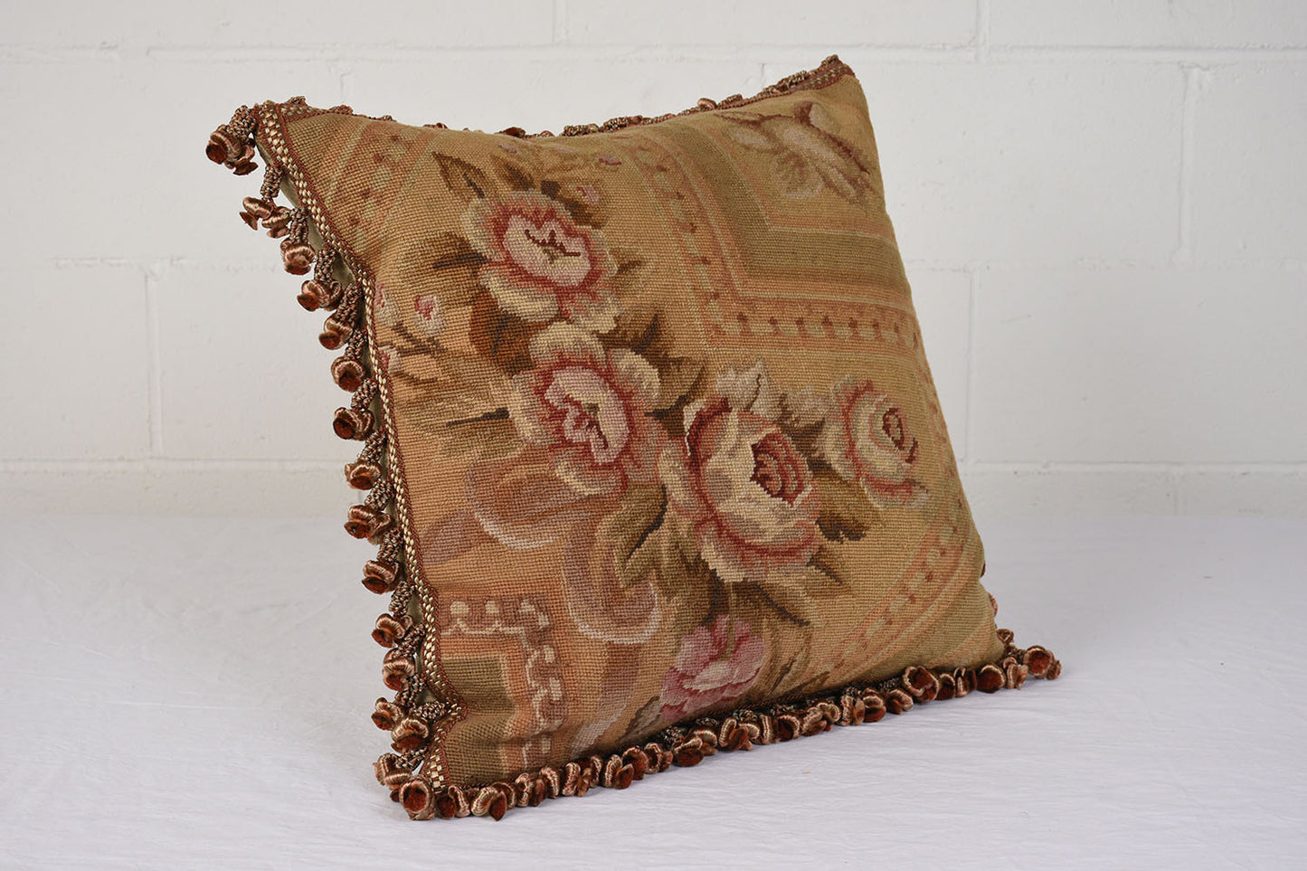 Antique French Textile Pillows with Floral Pattern & Silk Tassels