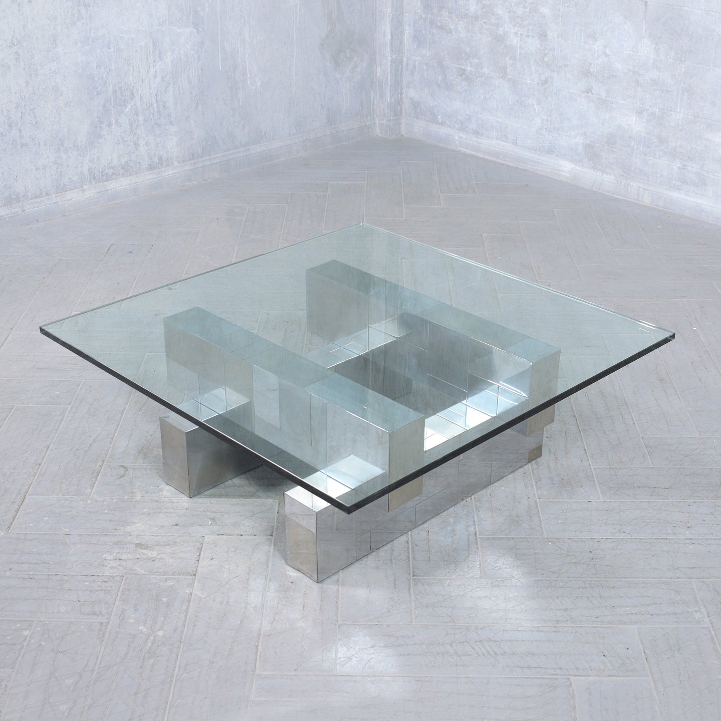 1960 Mid-Century Modern Paul Evans Inspired Coffee Table with Brushed Steel Base