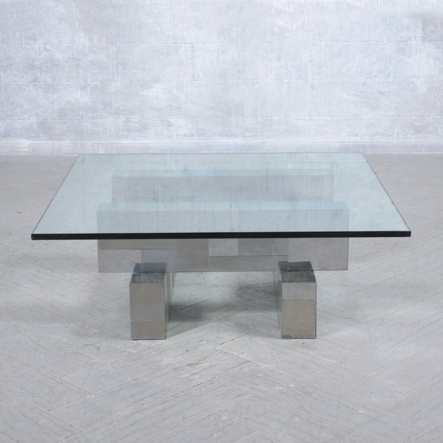 1960 Mid-Century Modern Paul Evans Inspired Coffee Table with Brushed Steel Base