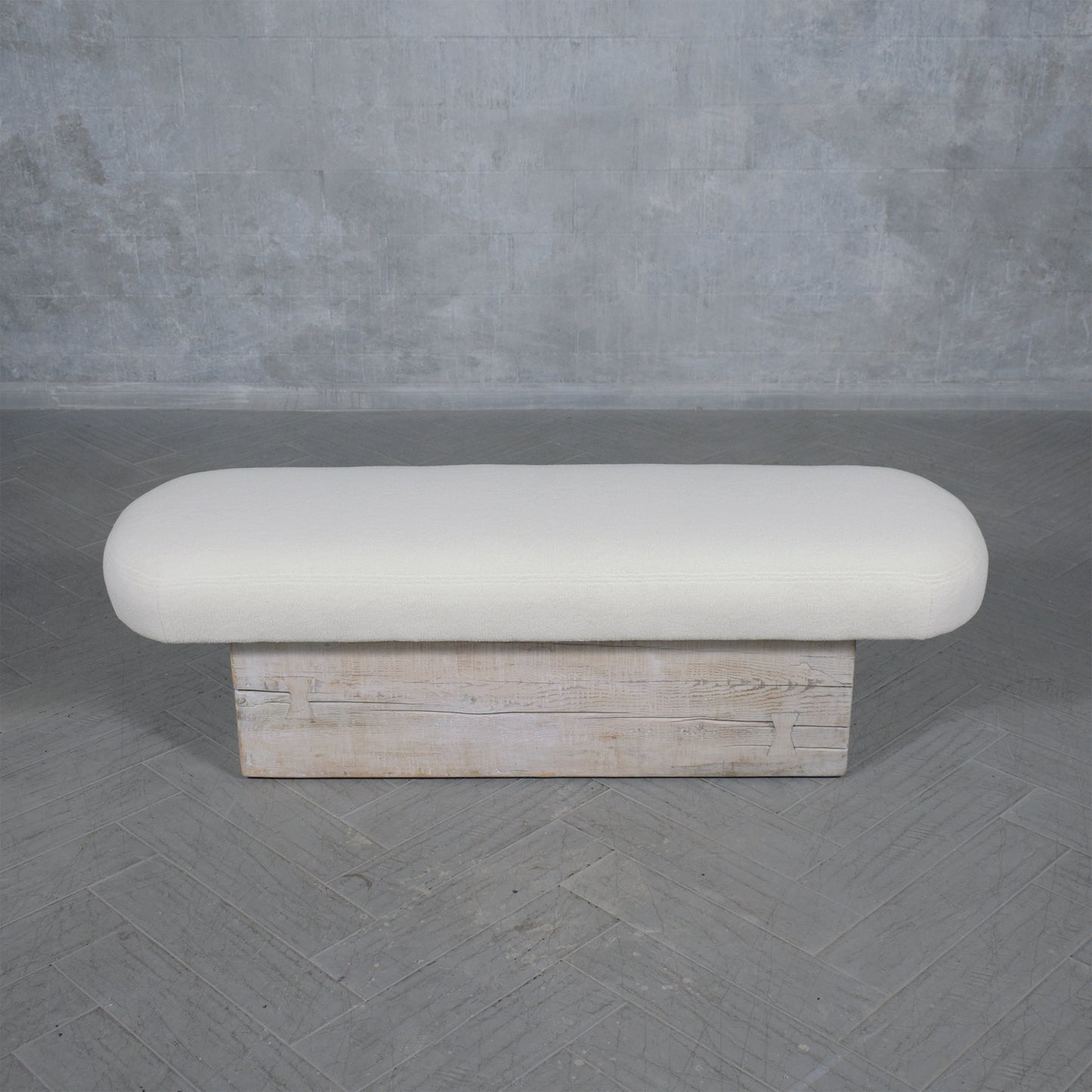 Restored Modern Slab Bench with Topstitch Bouclé Cushion