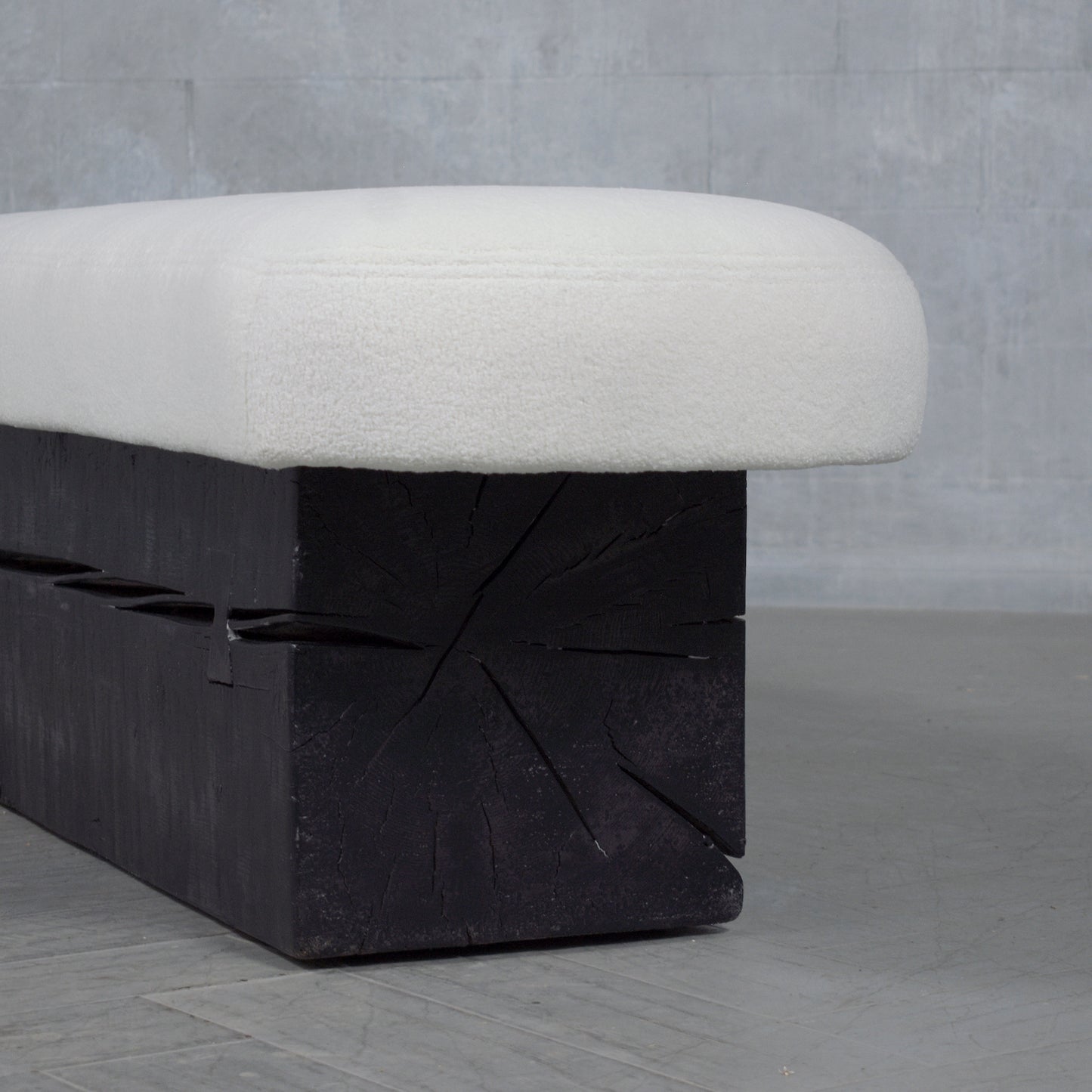 Restored Modern Slab Bench with Black Ebonized Finish and Bouclé Cushion