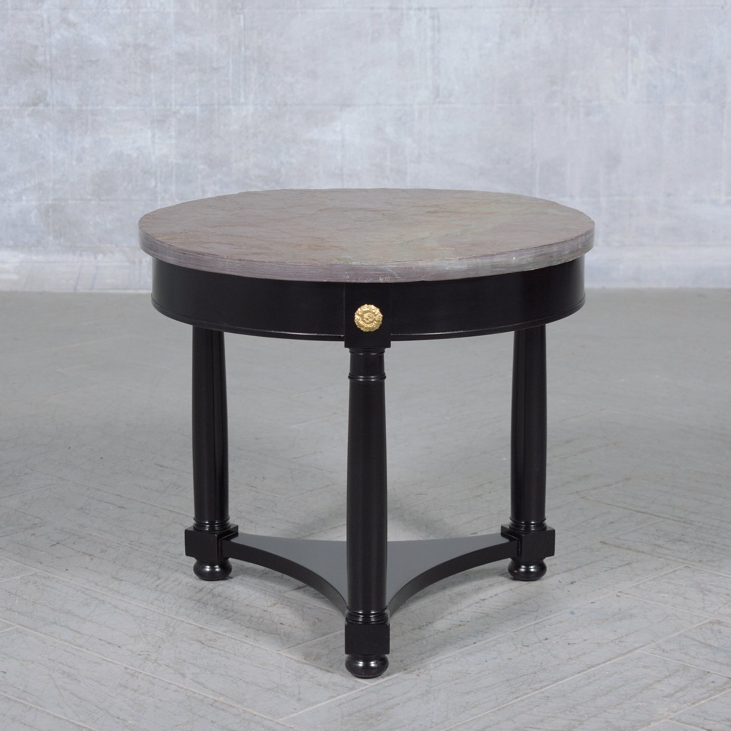 Vintage Regency-Style Round Side Table with Grey Marble Top & Brass Accents