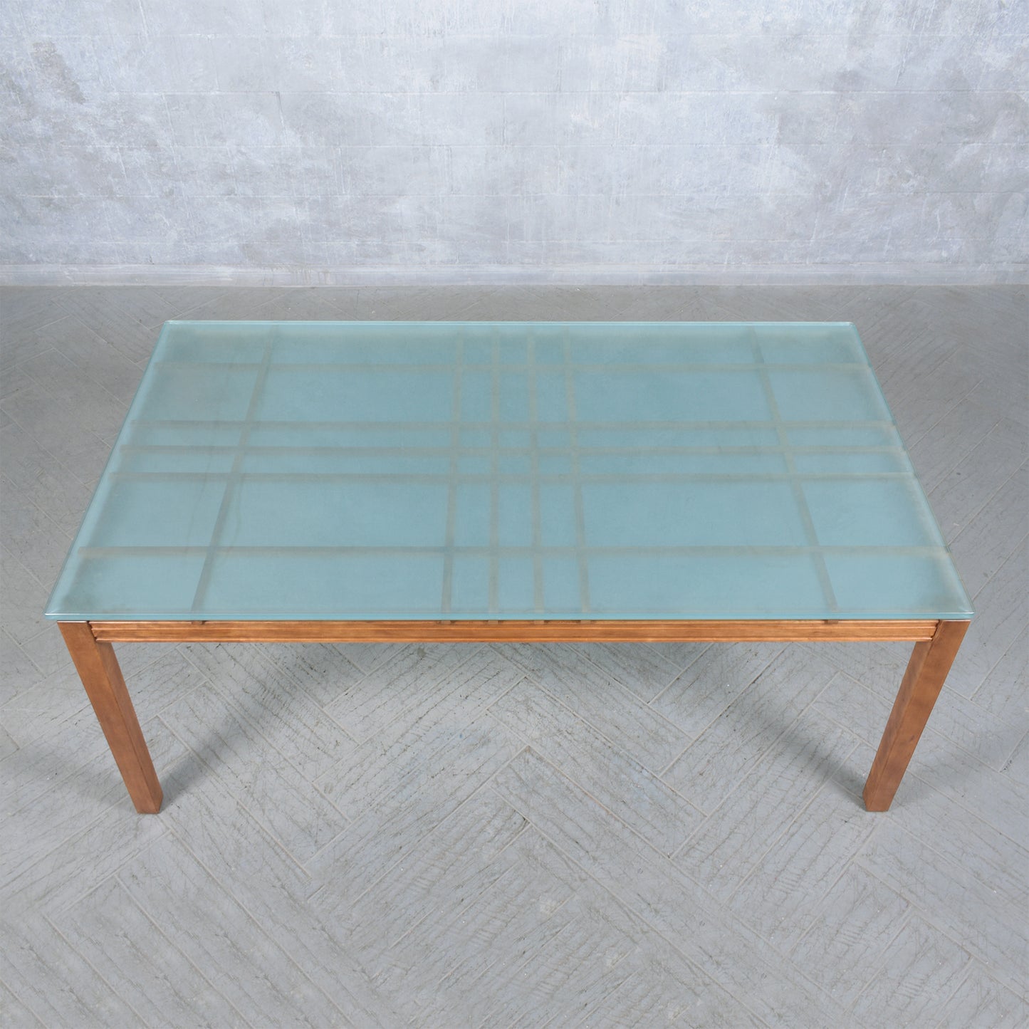 Vintage 1980s Mid Century Modern Dining Table: Solid Maple & Frosted Glass Top