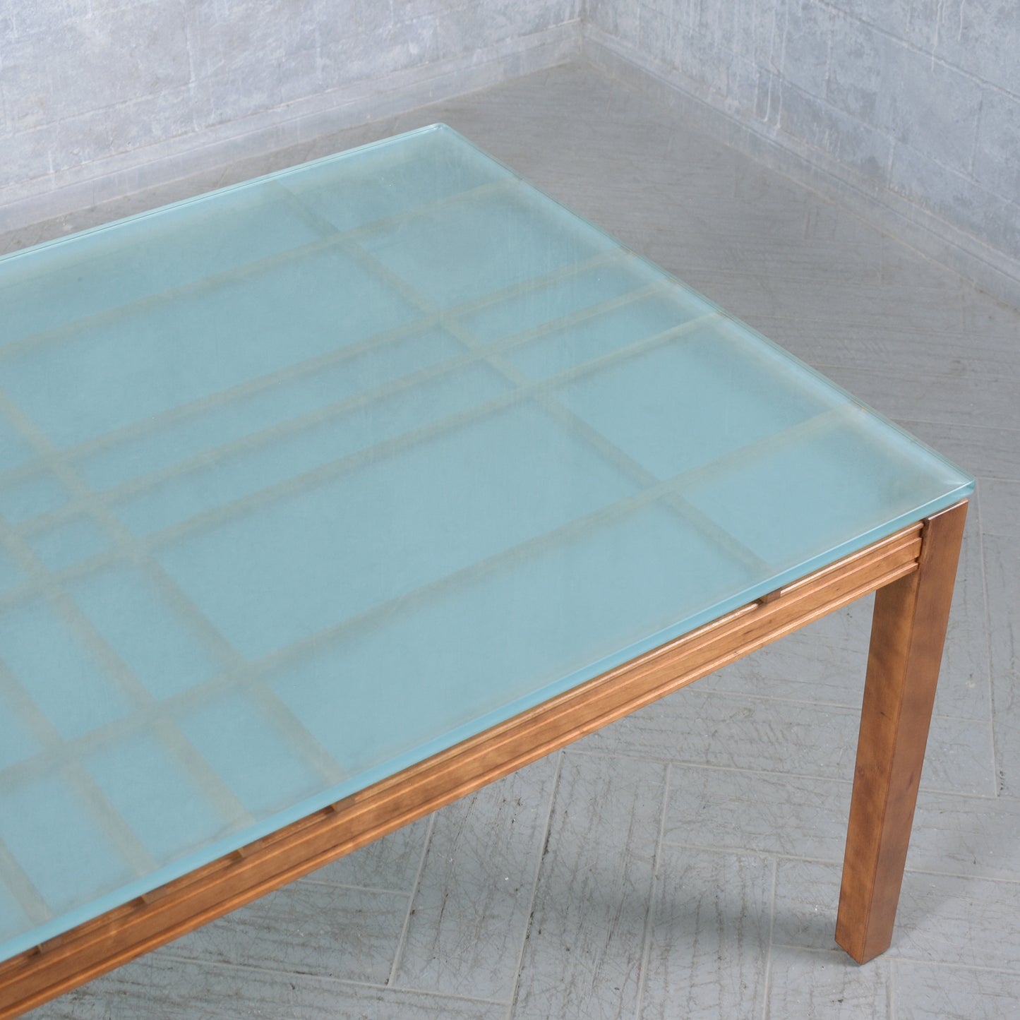 Vintage 1980s Mid Century Modern Dining Table: Solid Maple & Frosted Glass Top