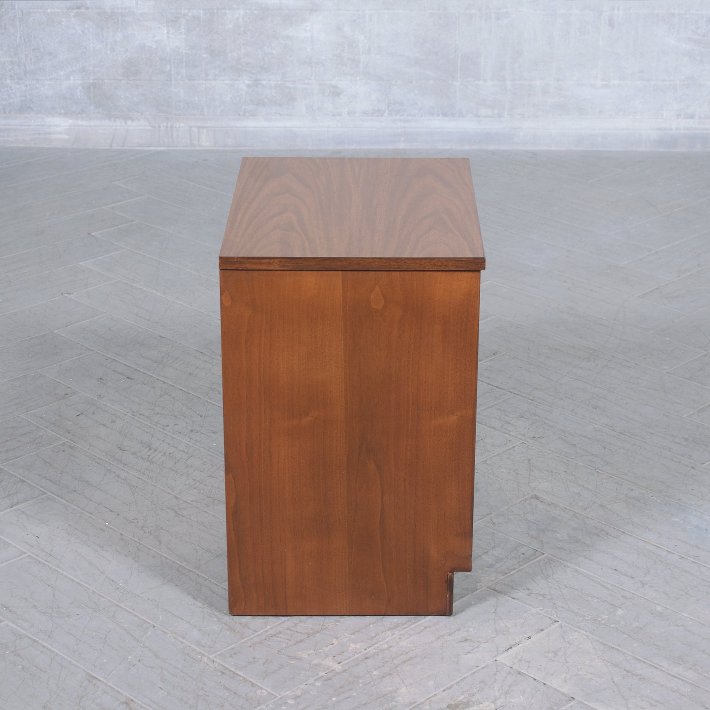 Restored 1960s Modern Walnut Nightstand: Dual-Tone with Unique Carved Handle
