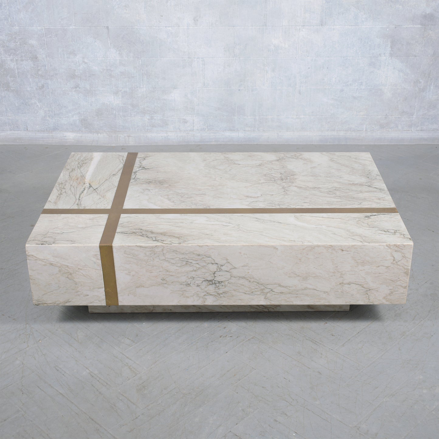 Italian Marble Cocktail Table with Brass Molding and Floating Base