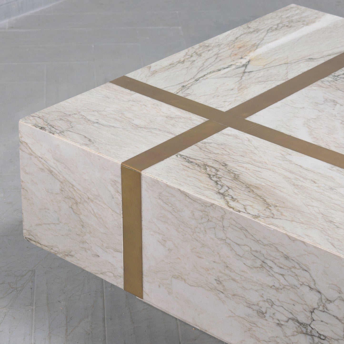 Italian Marble Cocktail Table with Brass Molding and Floating Base