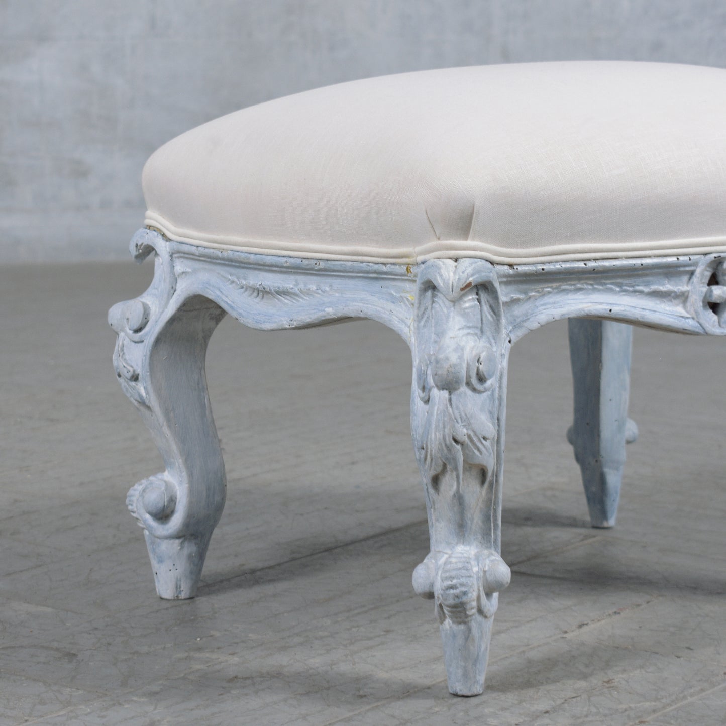 Antique Louis XV Style Footstool in Baby Blue & White with Linen Upholstery