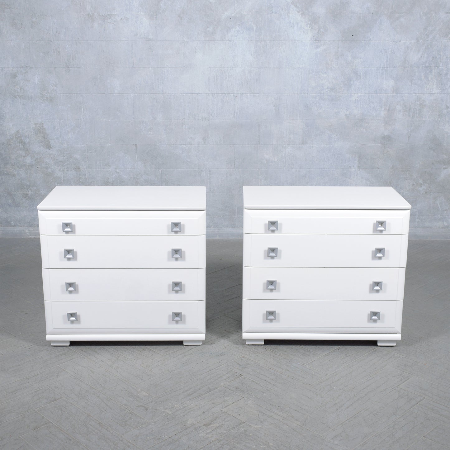 Modern White Lacquered Oak Dressers Pair with Intricate Handles