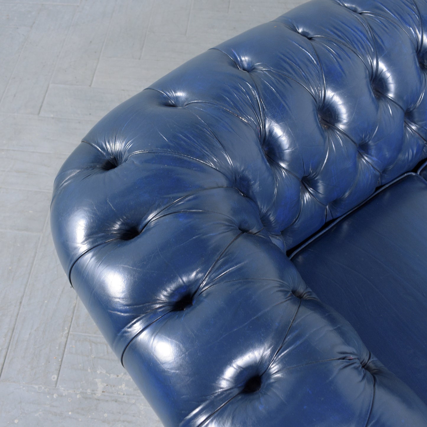 Vintage Navy Blue Leather Tufted Chesterfield Sofa