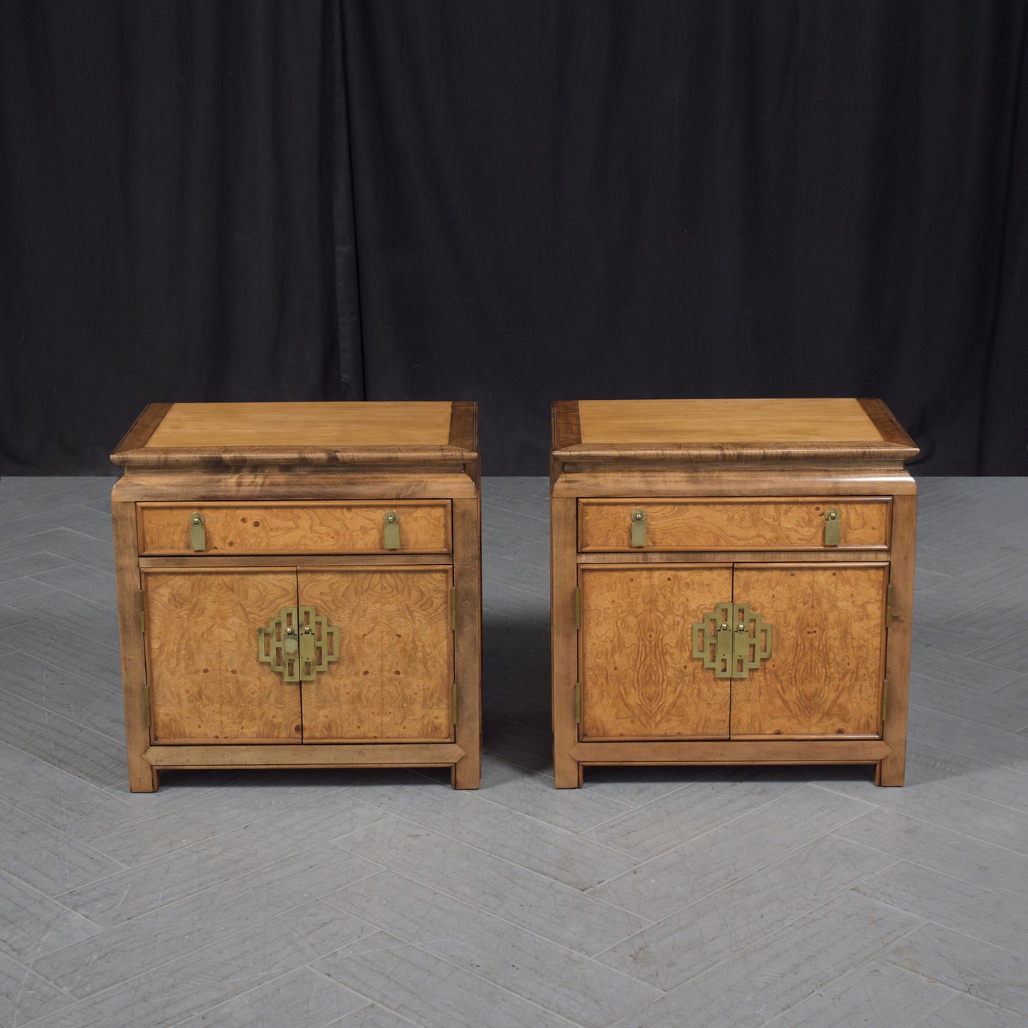 Vintage Pair of Restored Modern Walnut Veneer Nightstands with Brass Accents