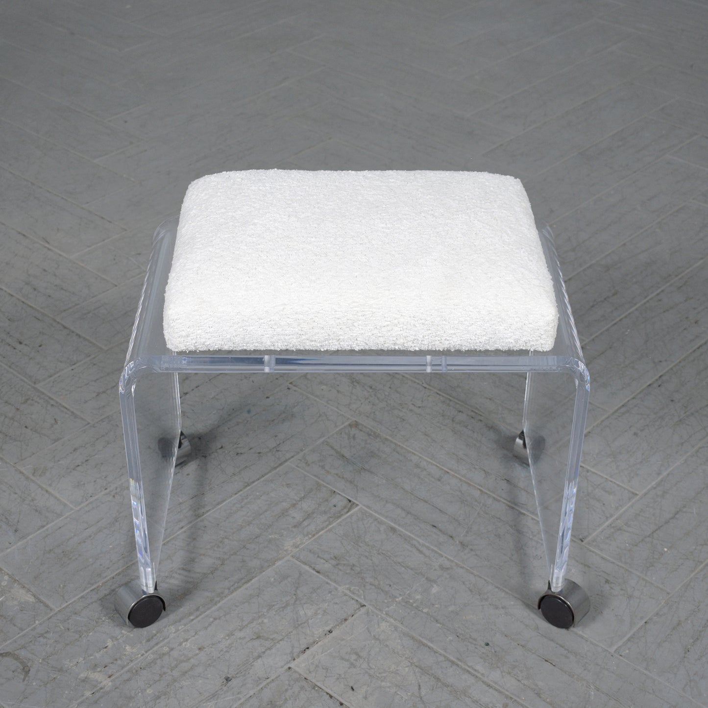 Vintage Lucite Waterfall Bench with Bouclé Upholstery and Casters