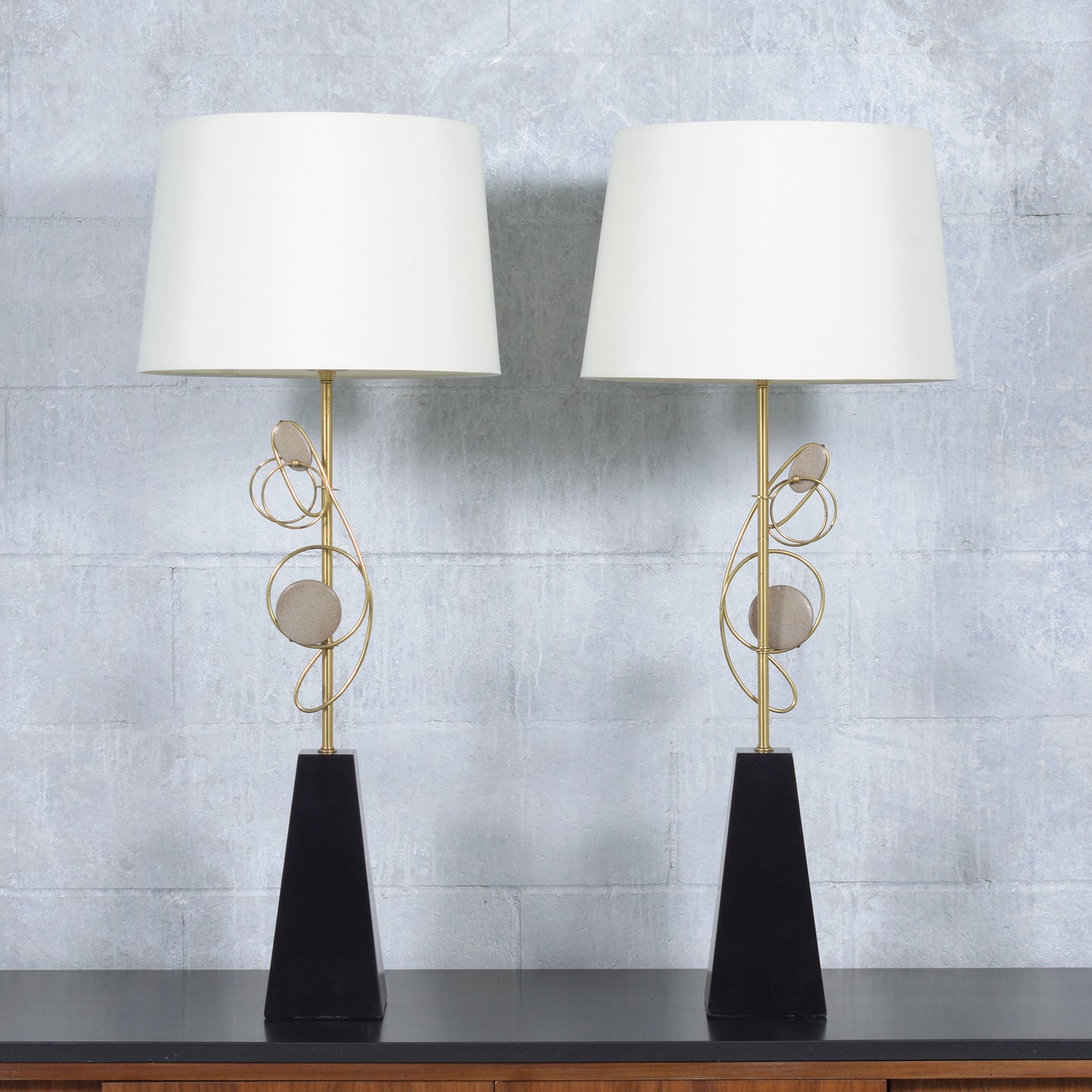 1960s Mid-Century Modern Wood & Brass Table Lamps with Fabric Shades