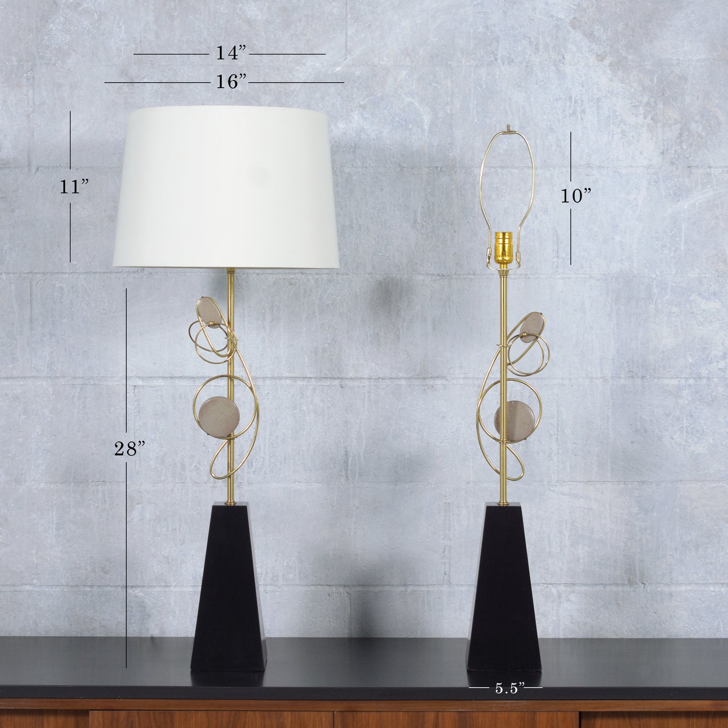 1960s Mid-Century Modern Wood & Brass Table Lamps with Fabric Shades
