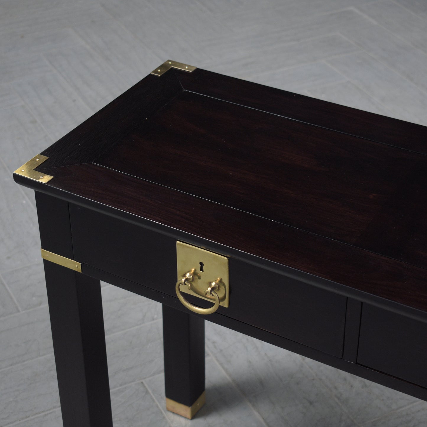 Vintage White Oak Campaign-Style Console with Brass Accents