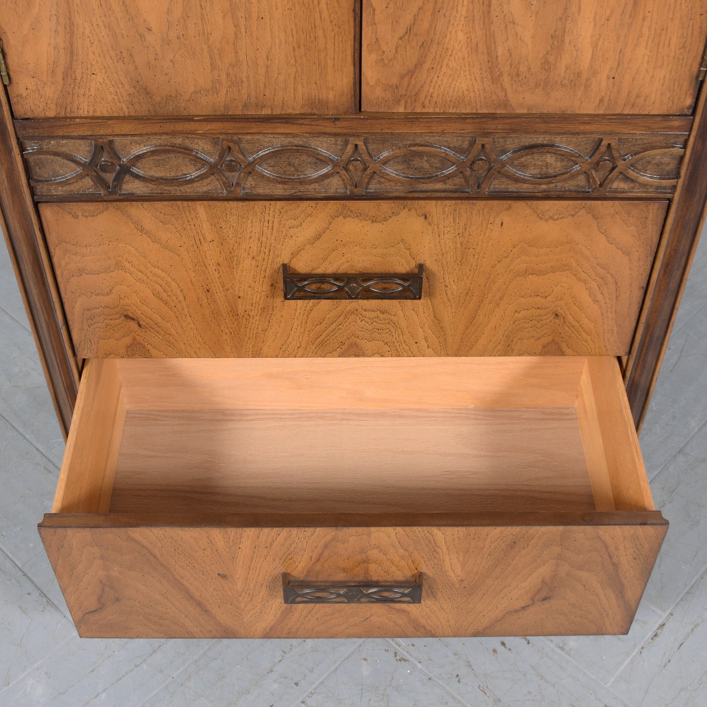 1960s Mid-Century Modern Walnut Bachelor Chest with Carved Details