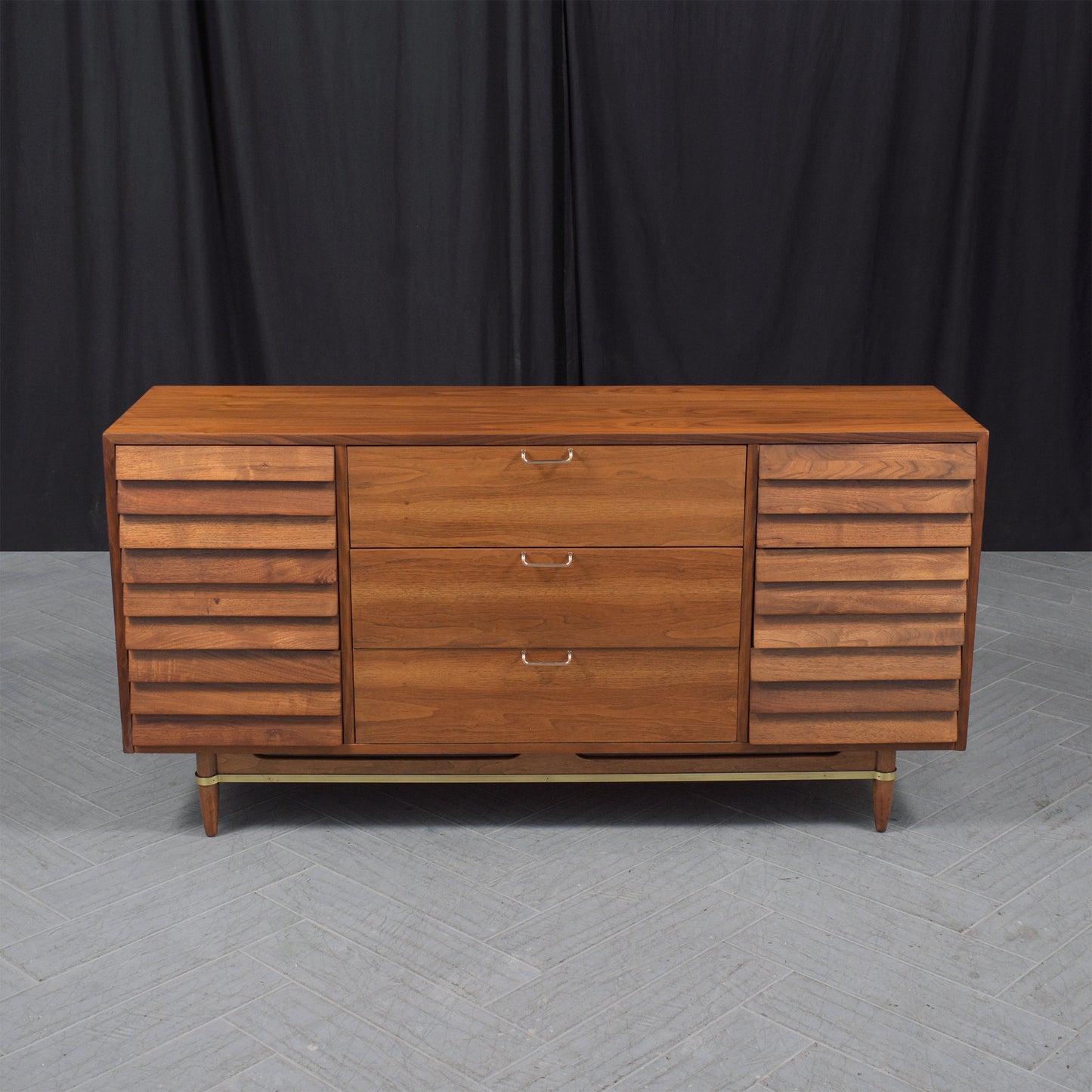 Vintage Mid-Century Modern Walnut Dresser with Brass Accents - Restored Elegance
