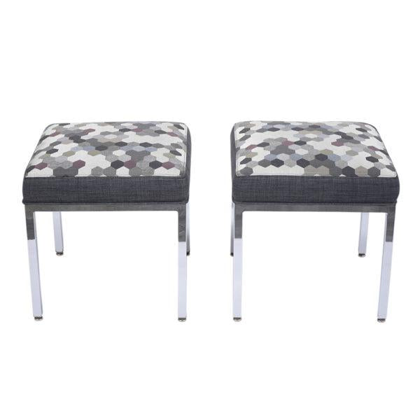 1970's Fully Restored Mid-Century Modern Benches with Chrome Bases & Hexagon Pattern Upholstery