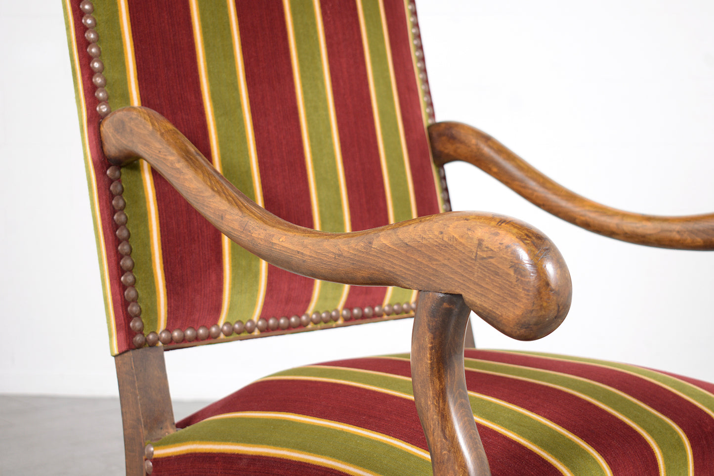 19th Century French Armchairs: Dark Walnut Finish with Striped Velvet Upholstery