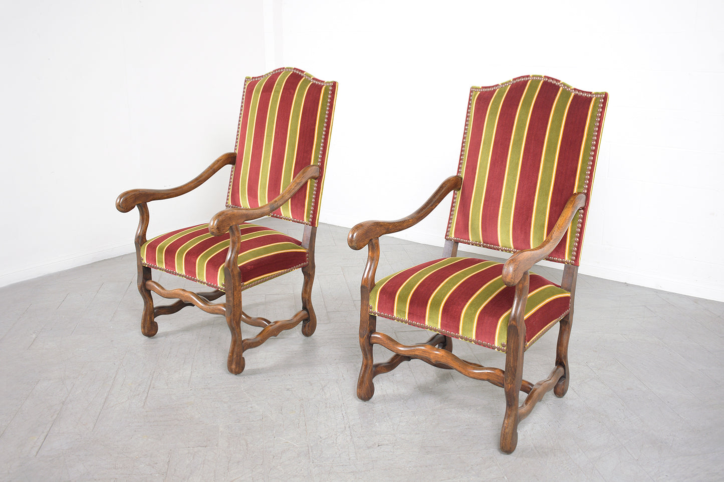 19th Century French Armchairs: Dark Walnut Finish with Striped Velvet Upholstery