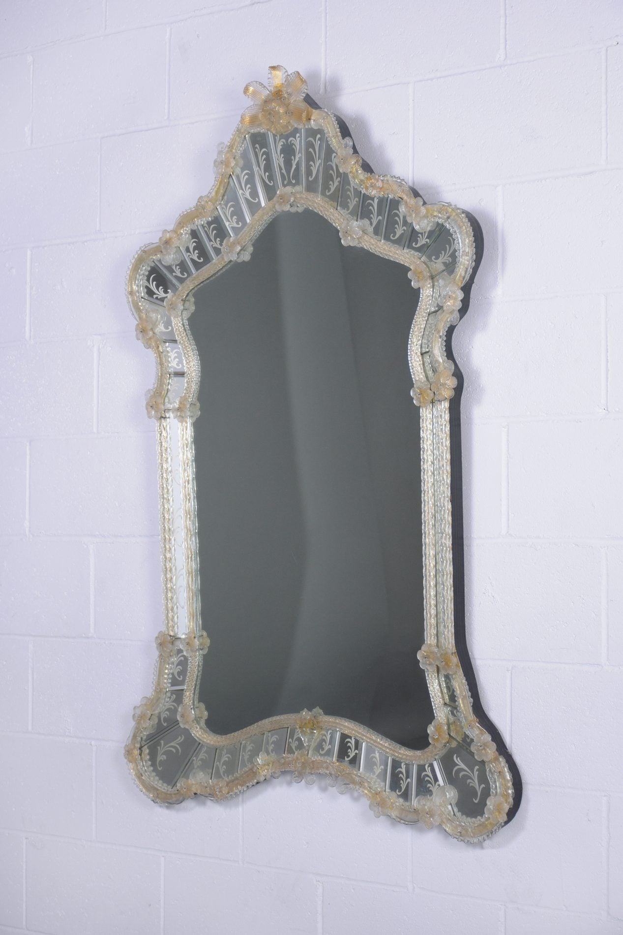 Vintage Italian Hand-Crafted Mirror with Etched Leaf Design & Murano Glass Flower Molding