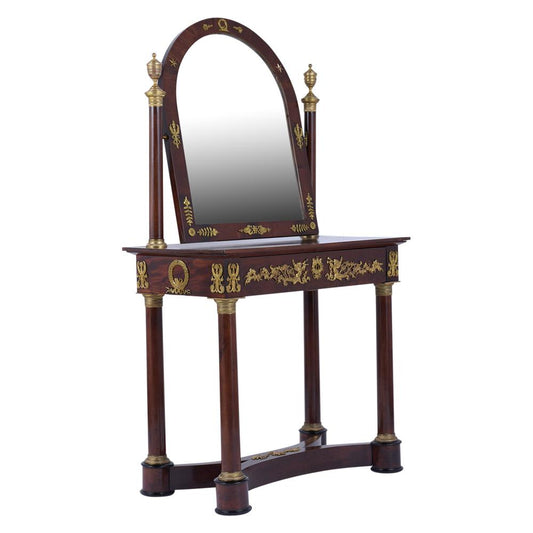 1840s French Empire Mahogany Vanity Table with Arched Mirror & Bronze Accents