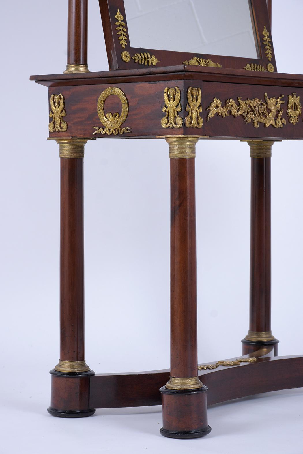 1840s French Empire Mahogany Vanity Table with Arched Mirror & Bronze Accents