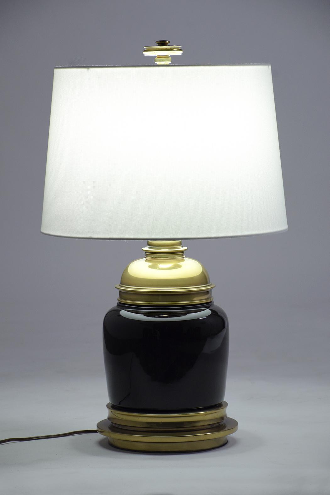1970s Mastercraft Vintage Brass & Black Glass Table Lamps with Off-White Shades
