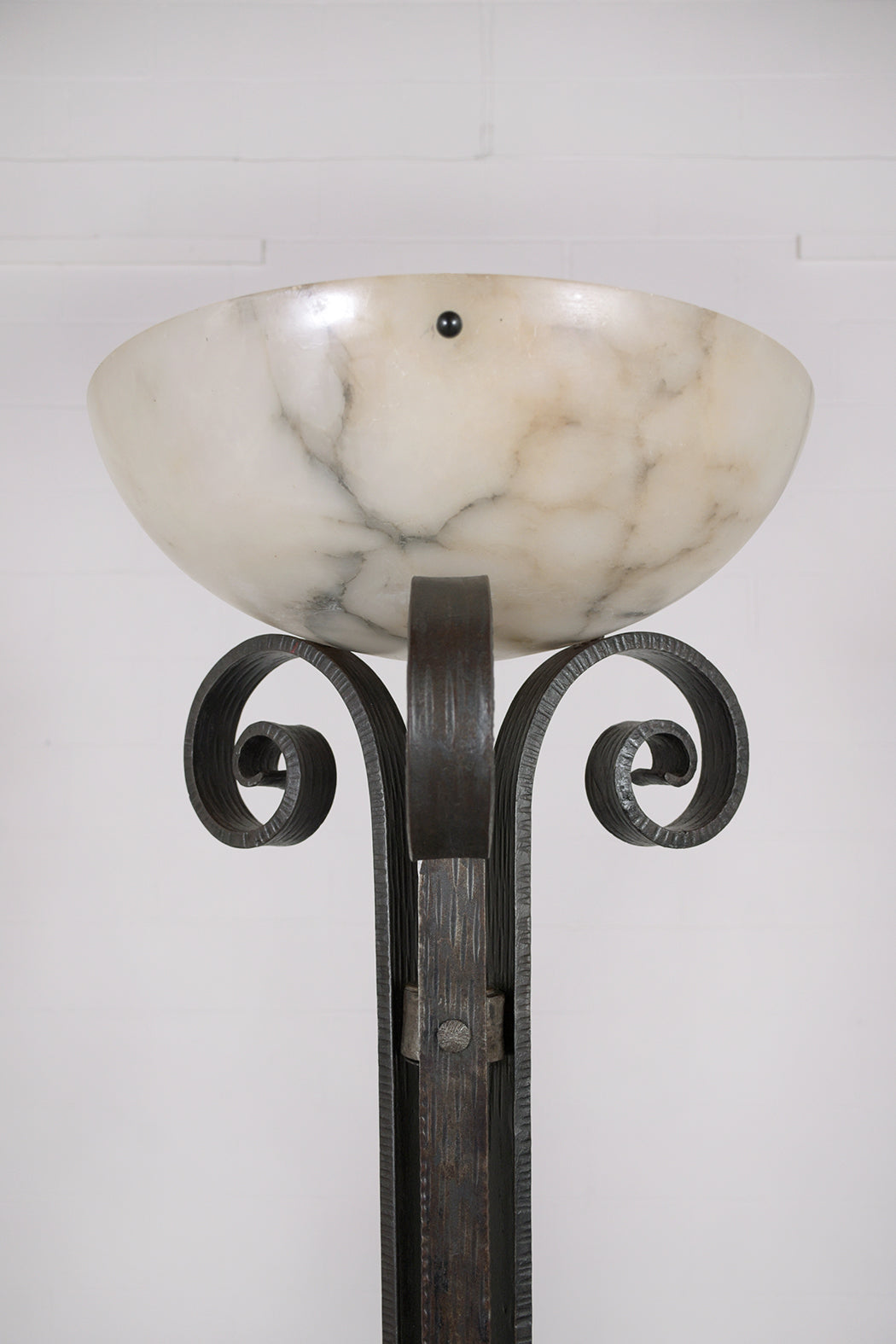 1950s French Art Deco Wrought Iron & Alabaster Floor Lamp