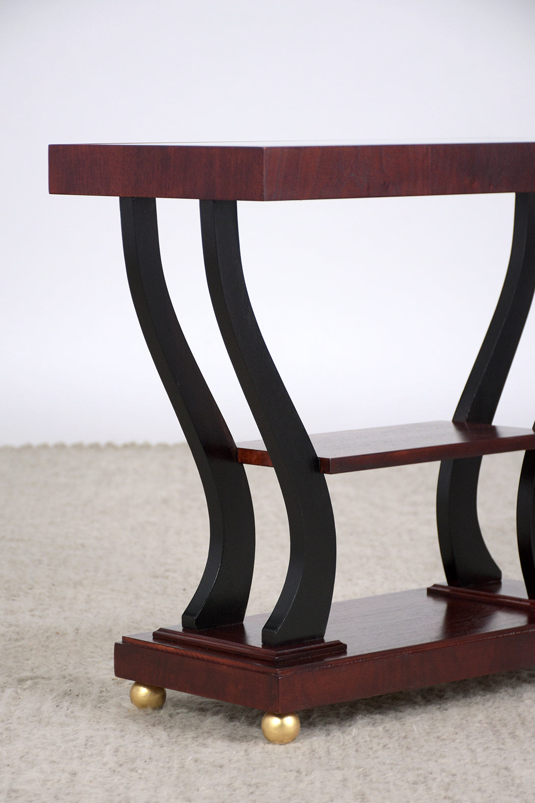 1950s Art Deco Walnut Side Tables with Ebonized Accents and Glass Tops