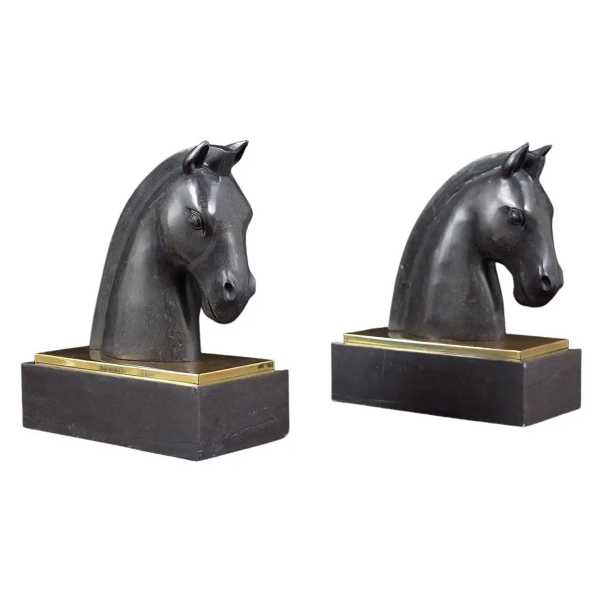 Unique Vintage 1950s Black Marble Horse Head Bookends with Brass