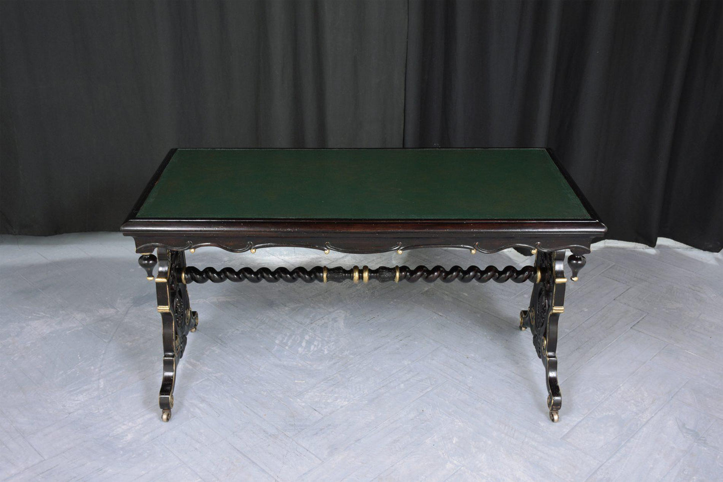 1970s Jacobean Mahogany Writing Table with Engraved Leather Top & Gilt Accents