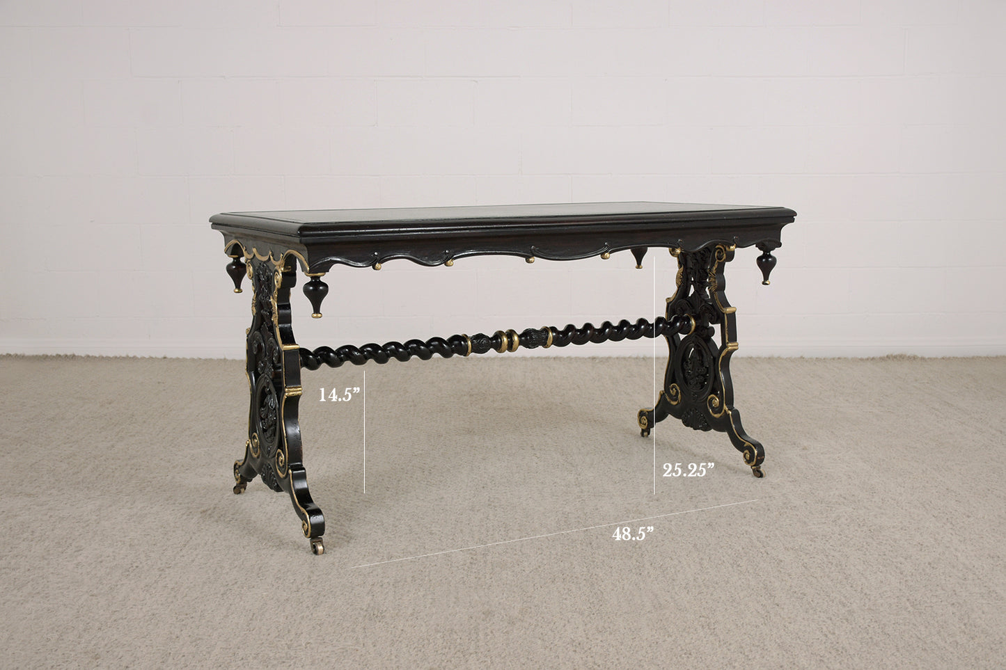 1970s Jacobean Mahogany Writing Table with Engraved Leather Top & Gilt Accents