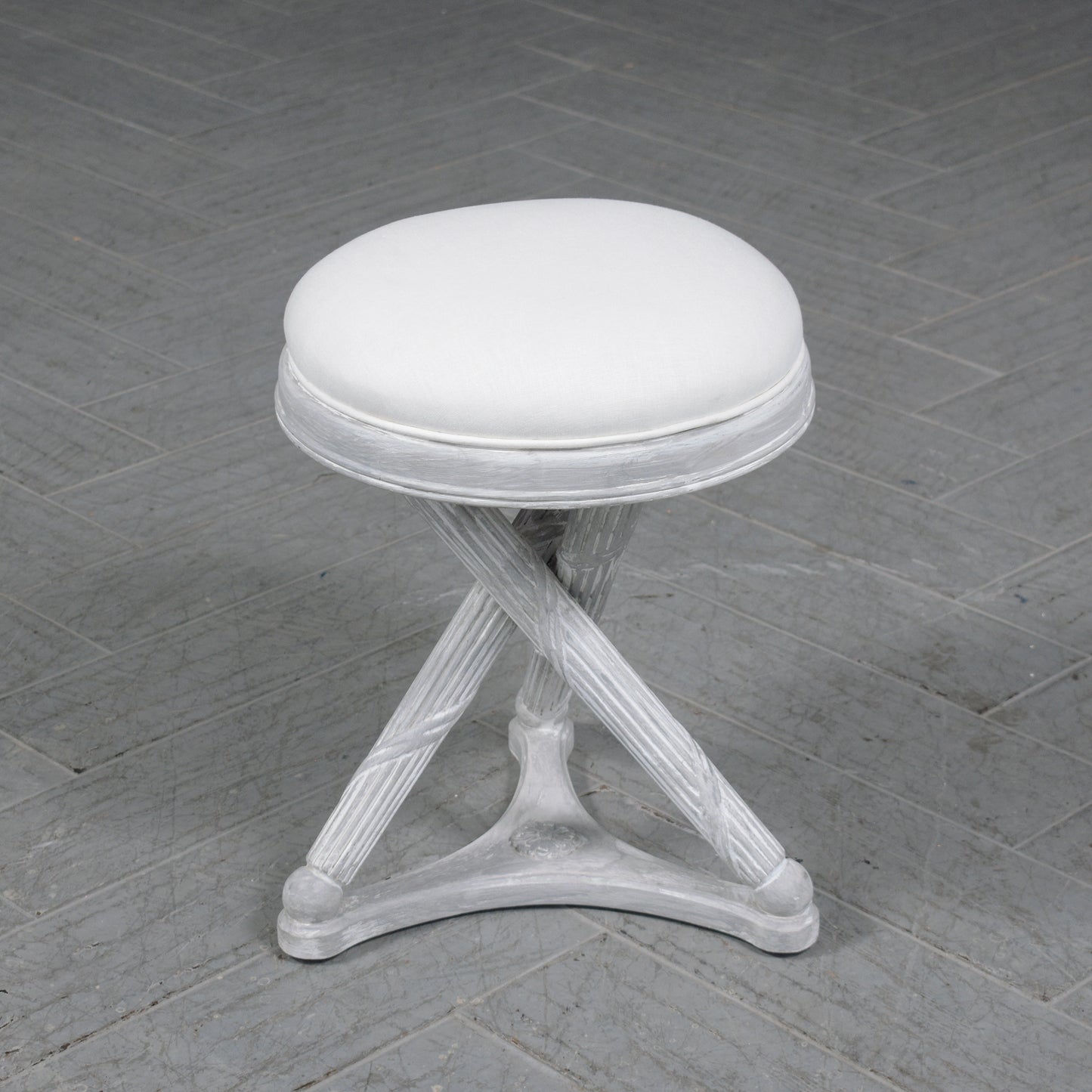 Restored Mid-Century Modern X-Base Stool in White & Gray with Linen Cushion