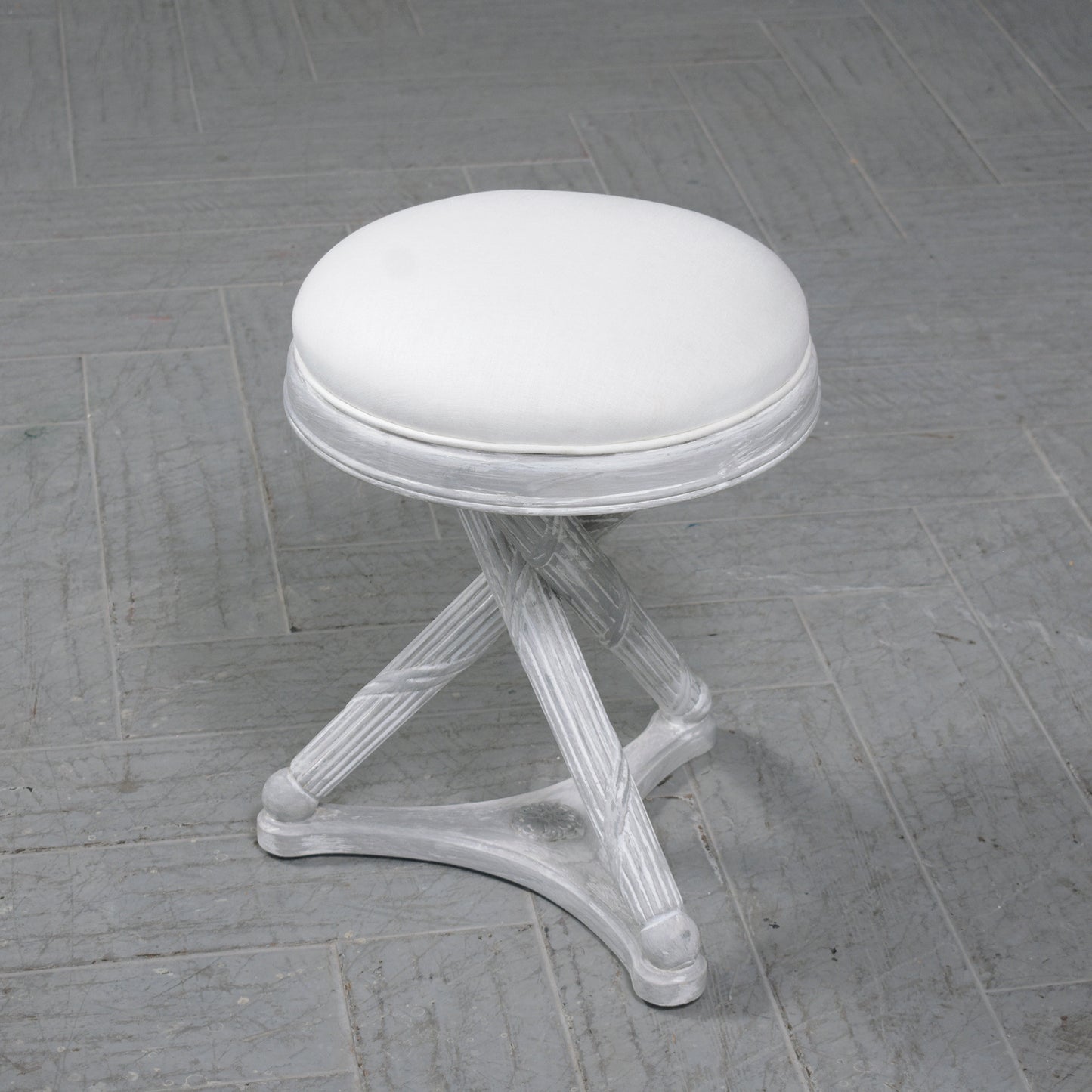 Restored Mid-Century Modern X-Base Stool in White & Gray with Linen Cushion