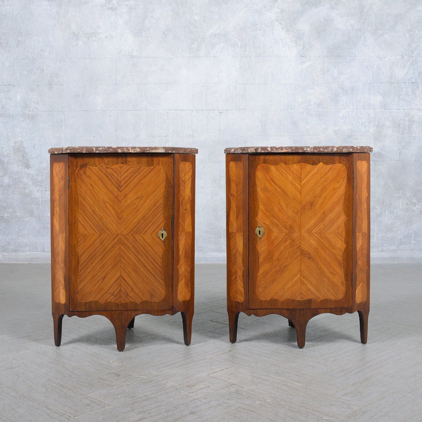 Late 18th-Century French Corner Cabinets with Marble Tops: Restored Elegance