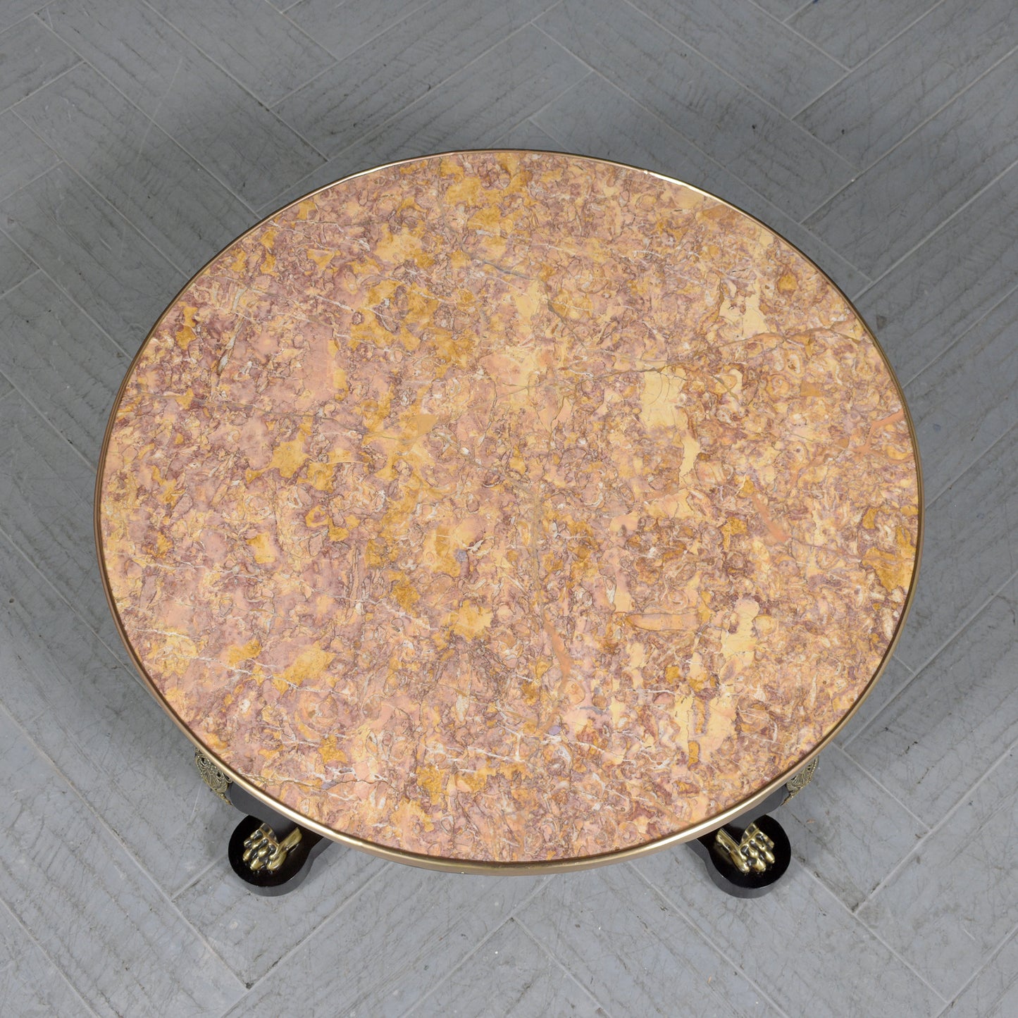 1880s Empire Style Antique Coffee Table with Marble Top & Brass Accents