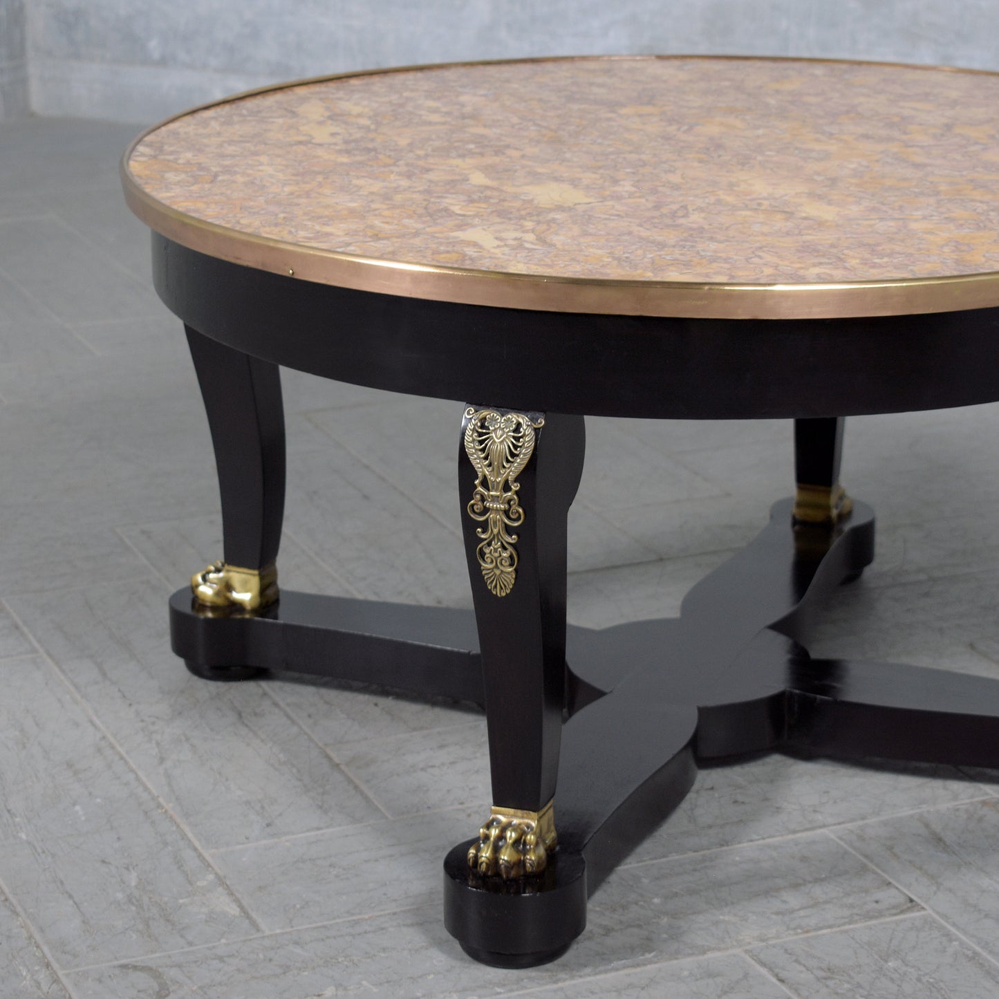 1880s Empire Style Antique Coffee Table with Marble Top & Brass Accents