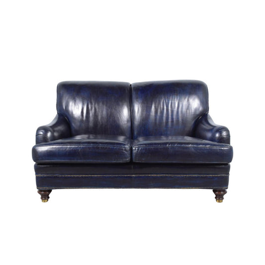 Vintage Hancock & Moore Navy Leather Loveseat: Classic English Elegance