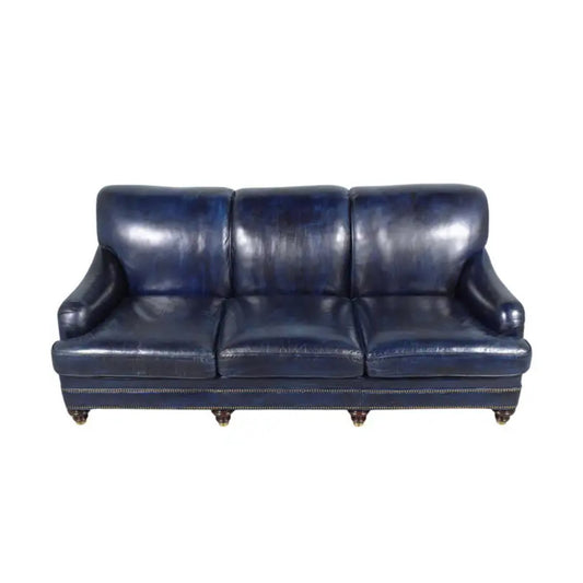 Vintage 1980's Hancock & Moore Navy Leather Sofa: Vintage English Style Elegance