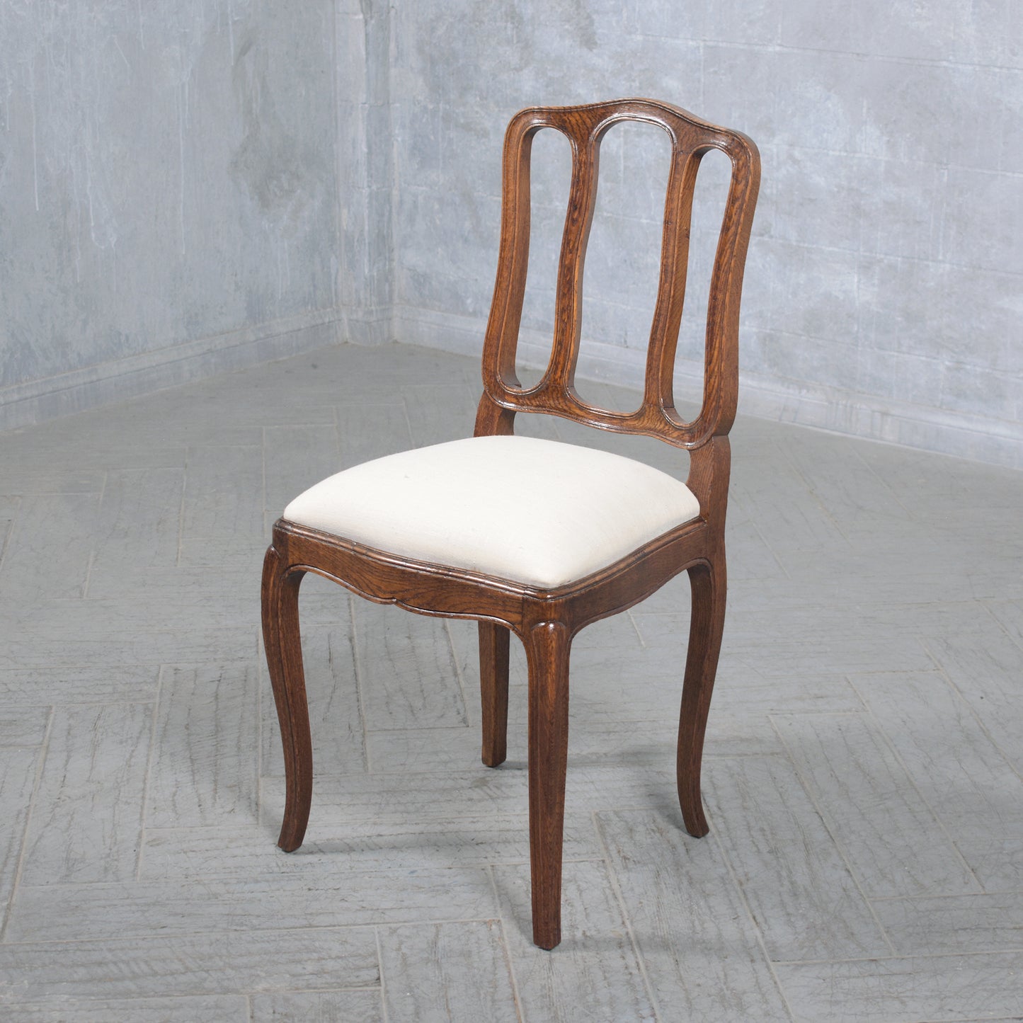 Set of Antique French Dining Chairs in Walnut & Ivory Linen: Elegantly Restored