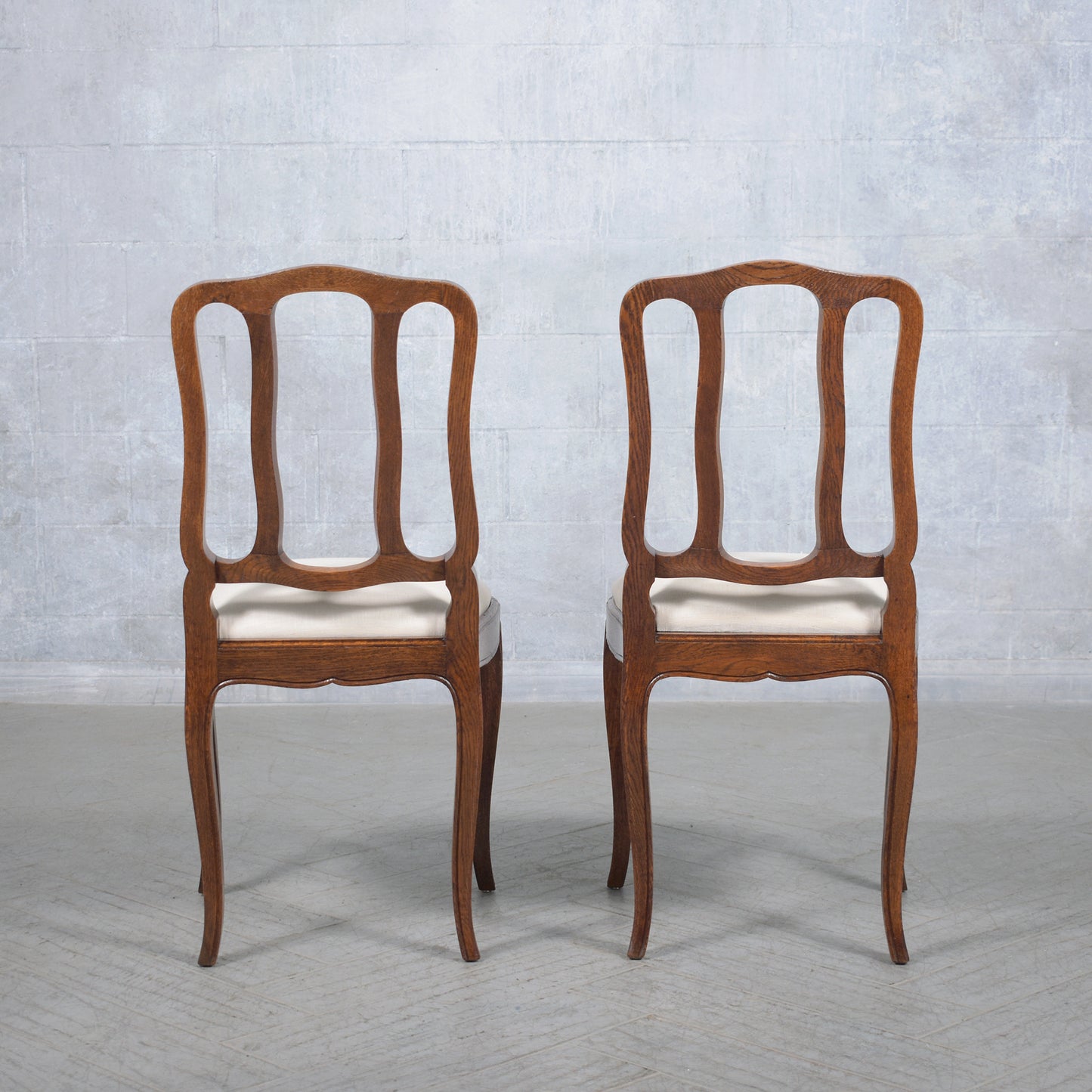 Set of Antique French Dining Chairs in Walnut & Ivory Linen: Elegantly Restored
