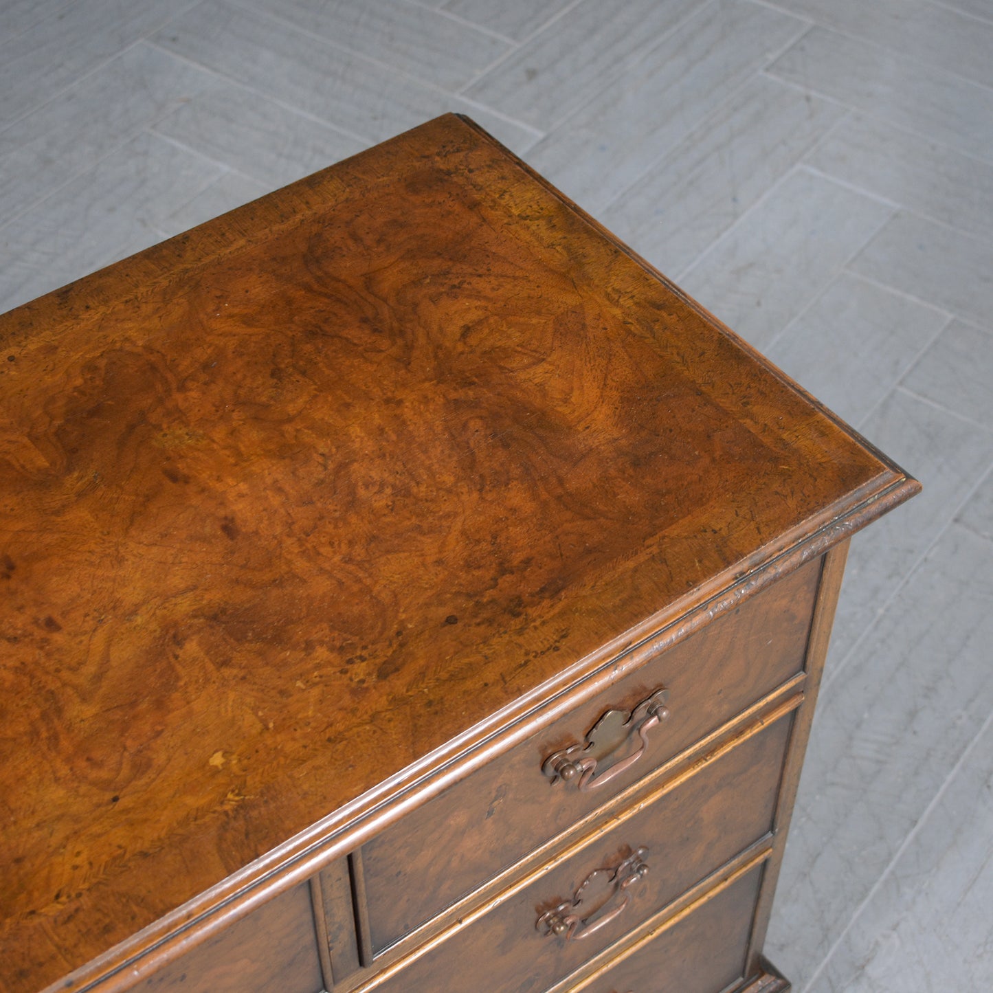 Restored Early 1950s Burled Veneers Chest of Drawers: A Vintage Patina Finish