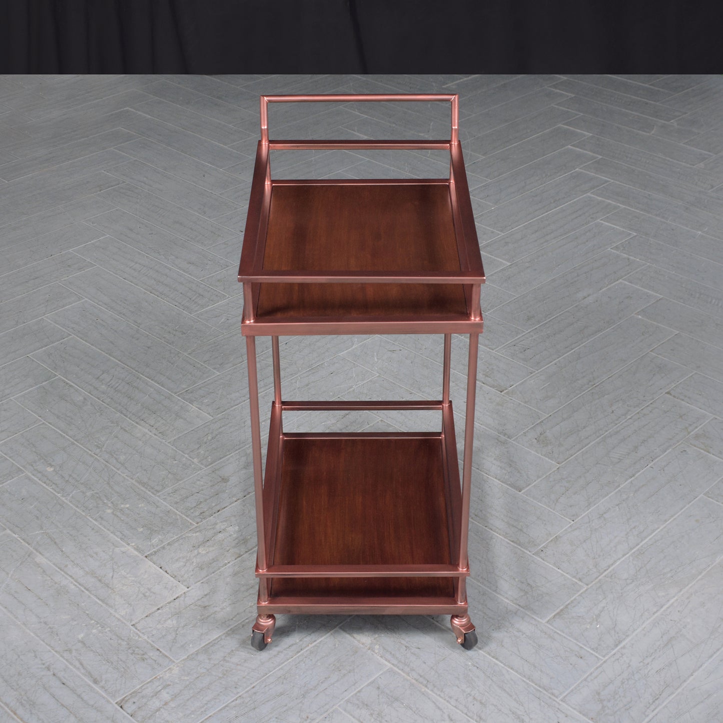 Vintage 1980s Walnut and Metal Copper Finish Bar Cart