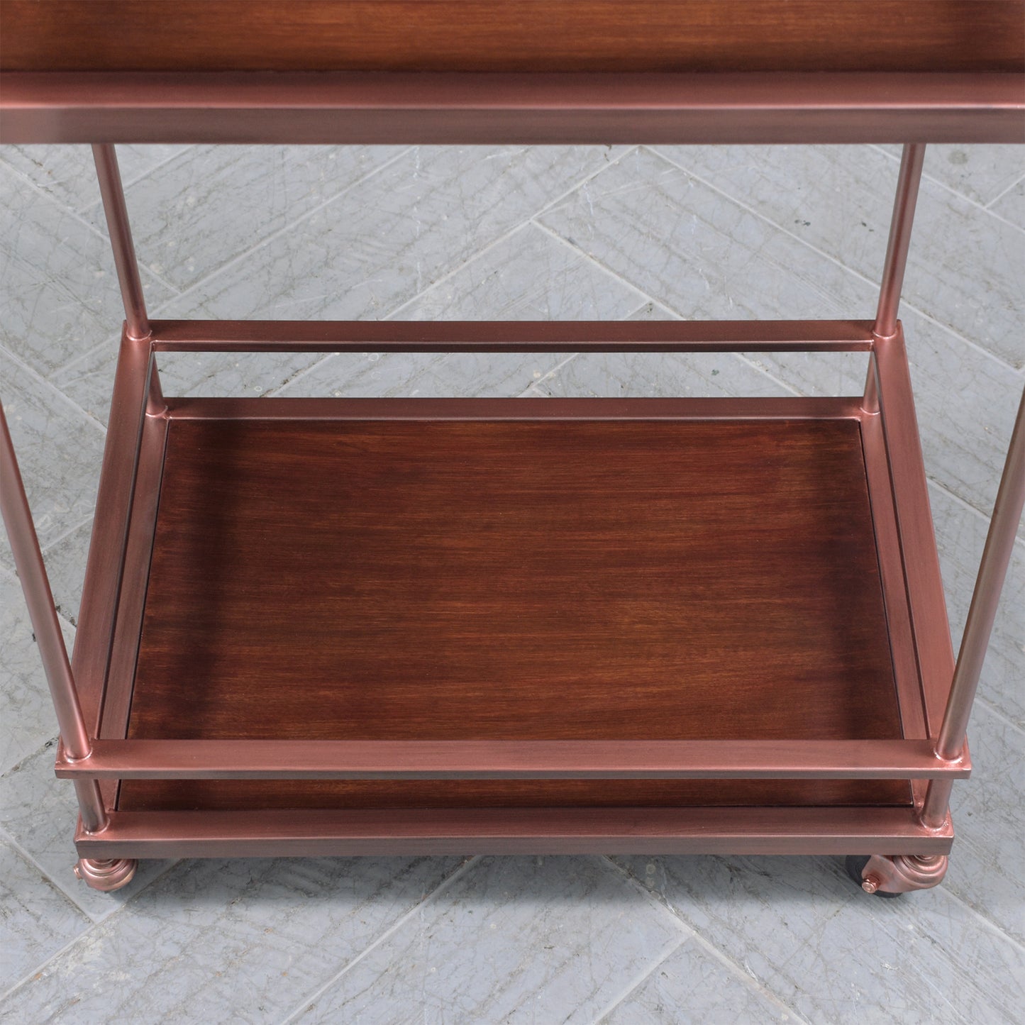 Vintage 1980s Walnut and Metal Copper Finish Bar Cart