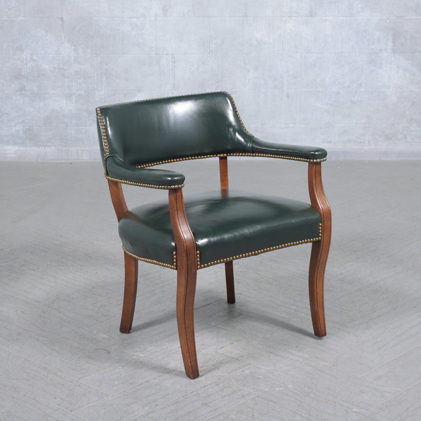 Restored Mahogany Barrel Armchairs with Dark Green Leather - Vintage Elegance